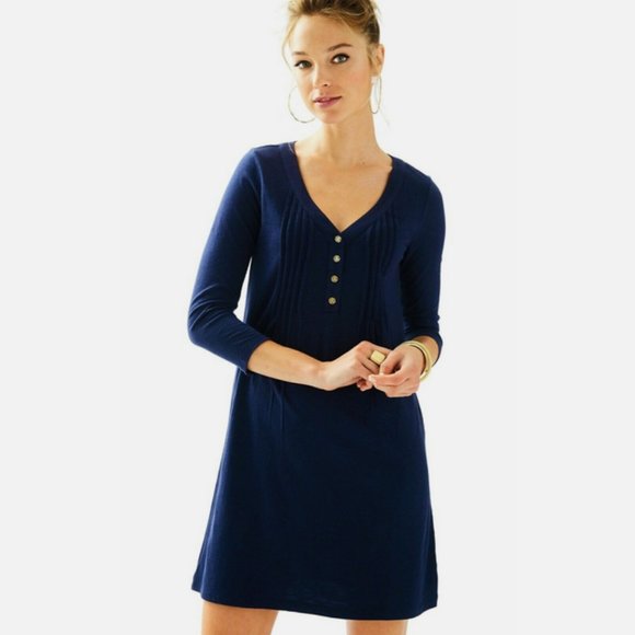 Lilly Pulitzer Navy Blue 3/4" Sleeve Cotton/Modal Dress Size Small ~EUC - Picture 1 of 12